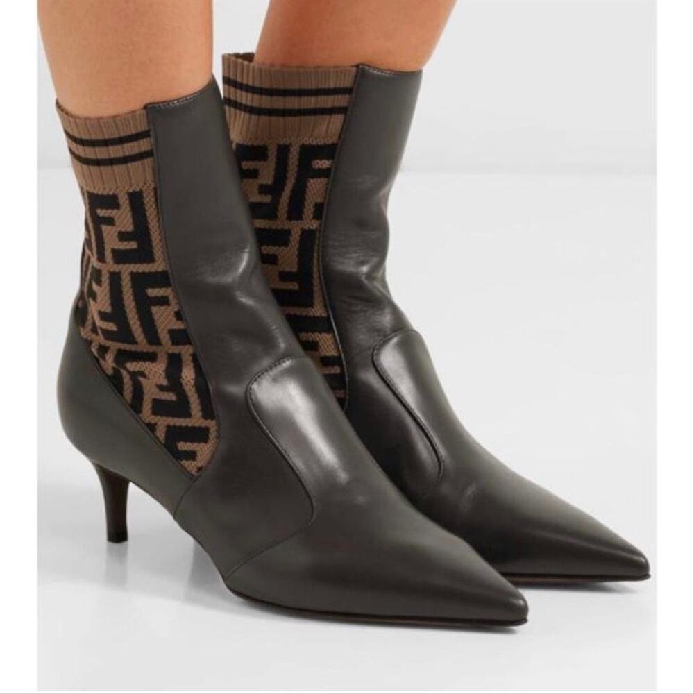 FENDI Rockoko FF logo stretch knit leather heeled ankle boots - Picture 2 of 11